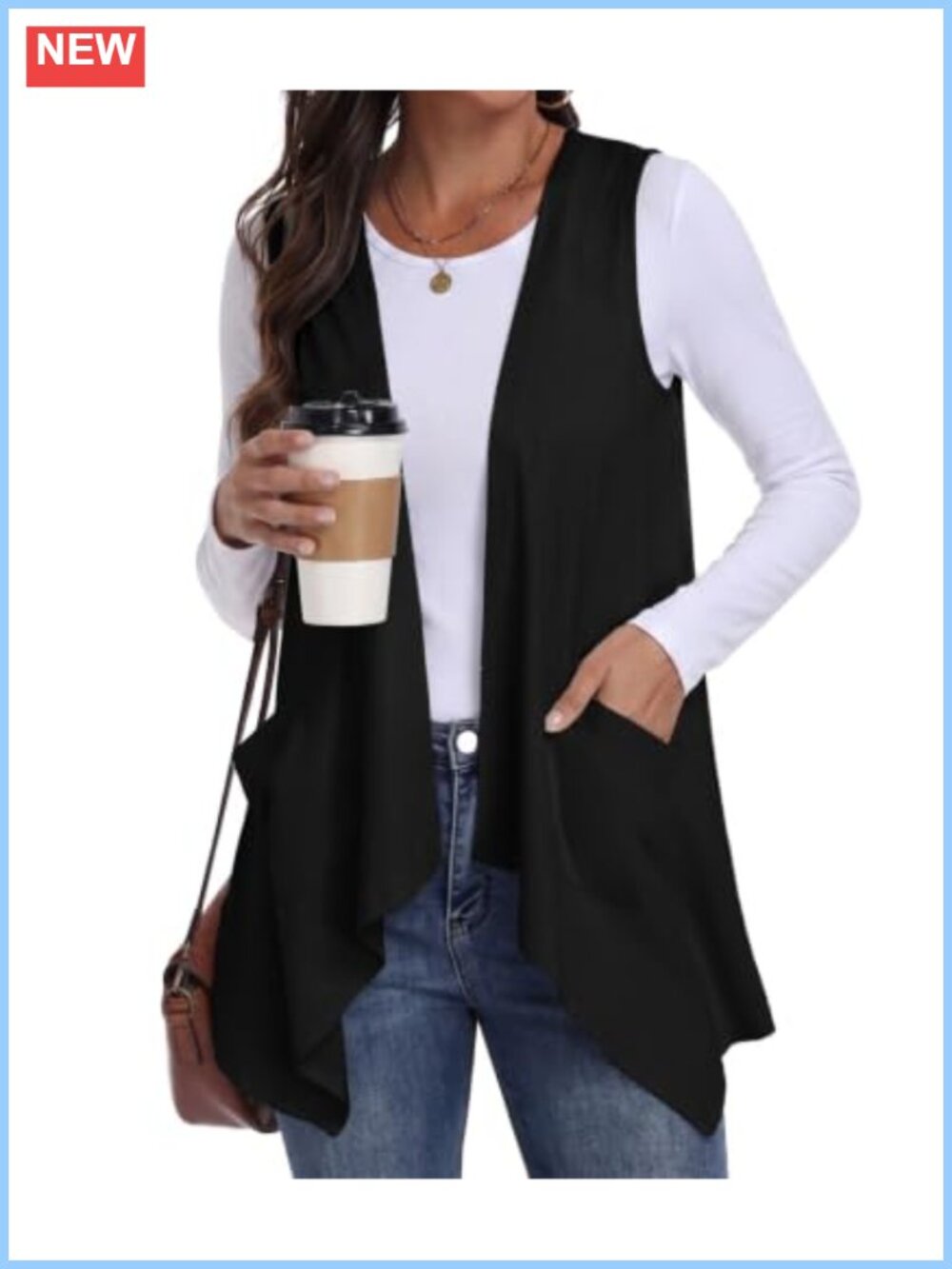 Sleeveless Cardigan Vest Lightweight Open Front Asymmetric Hem Pockets